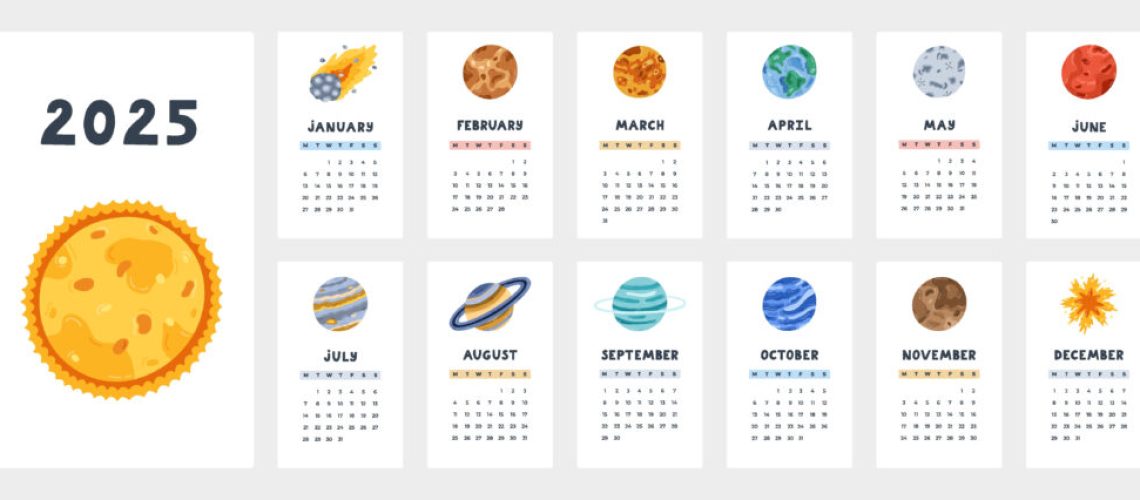 Cute calendar template for 2025 year with cartoon clipart of planets of Solar System. Calendar grid with weeks starts on Monday for kids nursery. Horizontal monthly calender layout for planning