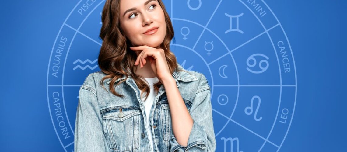 Pensive,Young,Woman,On,The,Background,Of,The,Zodiac,Circle,