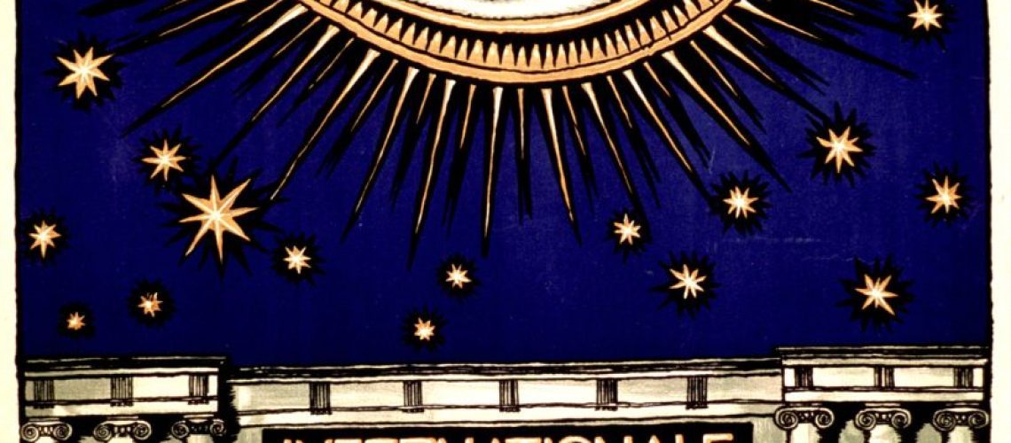 Internationale Hygiene-Ausstellung. Visual motif: An eye surrounded by stars. Columns frame the text. Original public domain image from Flickr