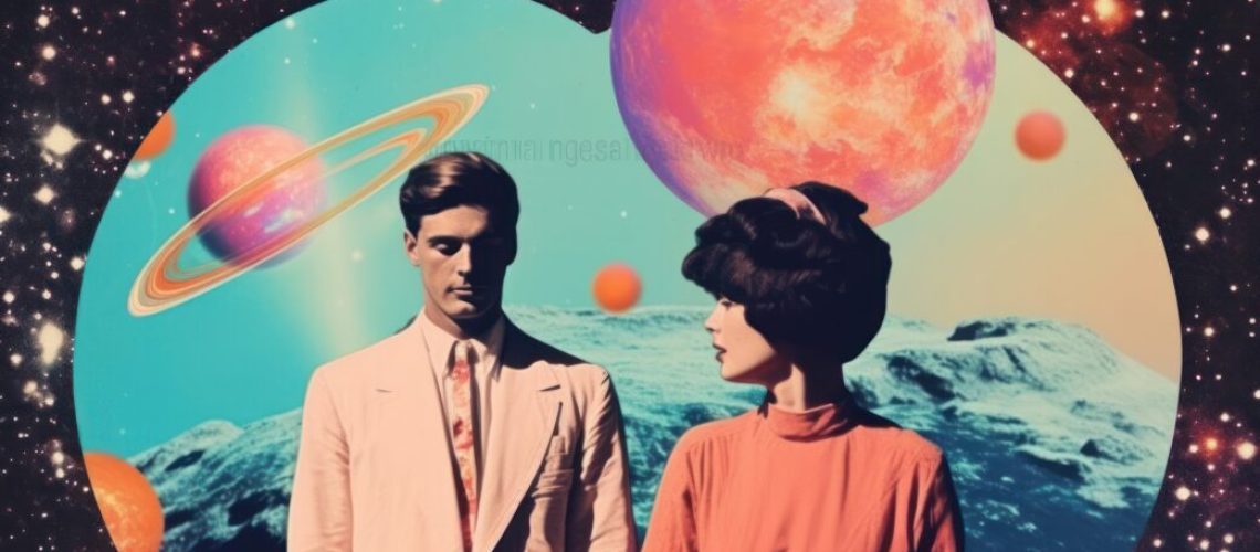 Collage Retro dreamy of s couple criyng astronomy universe portrait.