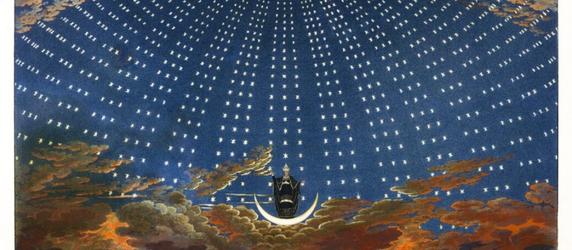 Design for The Magic Flute: The Hall of Stars in the Palace of the Queen of the Night, Act 1, Scene 6 (18471849) print in high resolution by After Karl Friedrich Schinkel. Original from The MET Museum. Digitally enhanced by rawpixel.